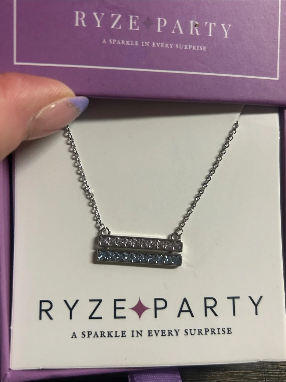 Ryze Party Sterling Silver Bar Necklace in Silver‎ pink & Blue gemstones